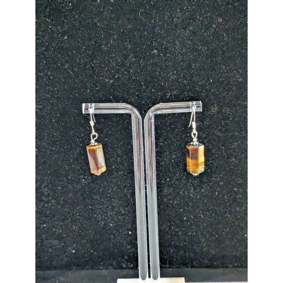 Tigers Eye Sterling Silver 925 Earrings hexagon Beads Dangle Natural Stone Hook - Picture 4 of 5